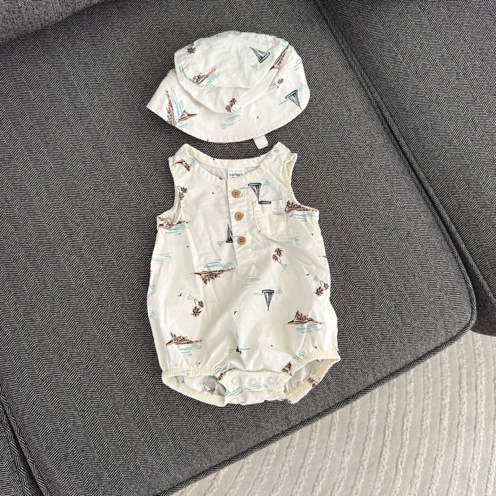 Carter's Cream Nautical Baby Romper and Hat Set